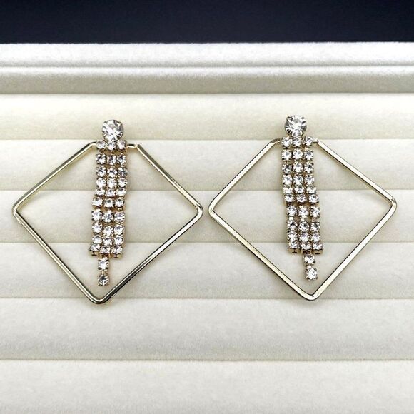 Yellow Gold Rhombus with White Diamond Crystal Dangling Tassel Post Earrings - Picture 3 of 9